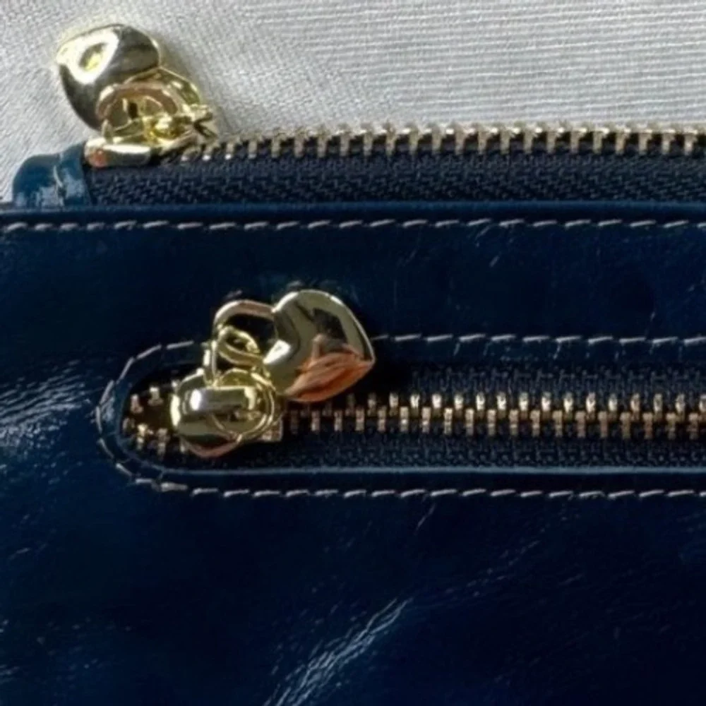 Brighton Blue Glazed Leather Coin Purse Card Holder‎ Key Ring Heart Zipper Pulls